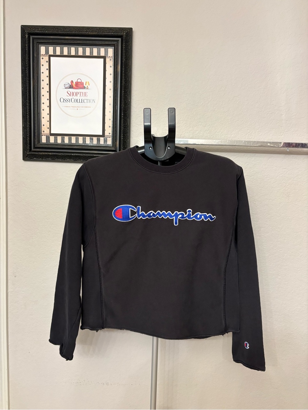 Champion Reverse Weave Black Crewneck Sweatshirt Blue Logo Size Small